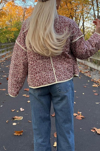 Stand Collar Open Front Floral Print Quilted Coat