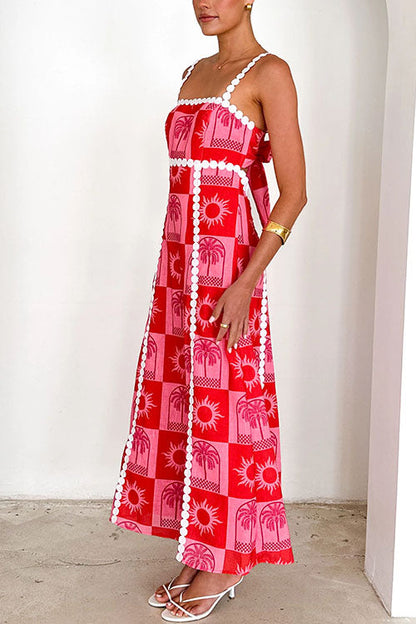 Meridress Ric Rac Trim Bow Back Palm Soleil Print Maxi Cami Dress
