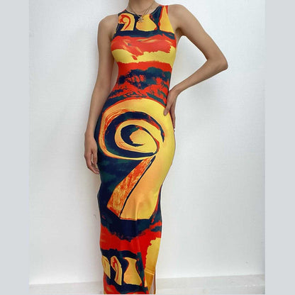 Crewneck sleeveless contrast print slit maxi dress-final-sale