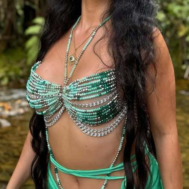 Metal chain beaded halter backless top
