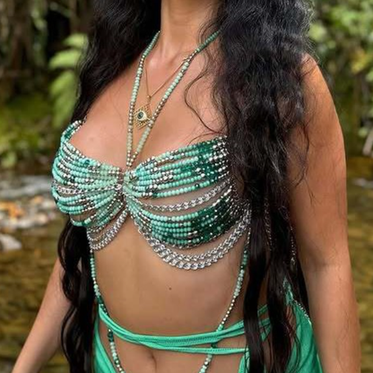 Metal chain beaded halter backless top