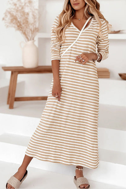 Khaki Casual Striped V-neck Long Sleeve Dress