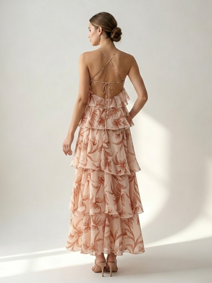 Vacation Dresses Maxi Backless Ruffles Sleeveless V-Neck Chic Orange Red Dresses