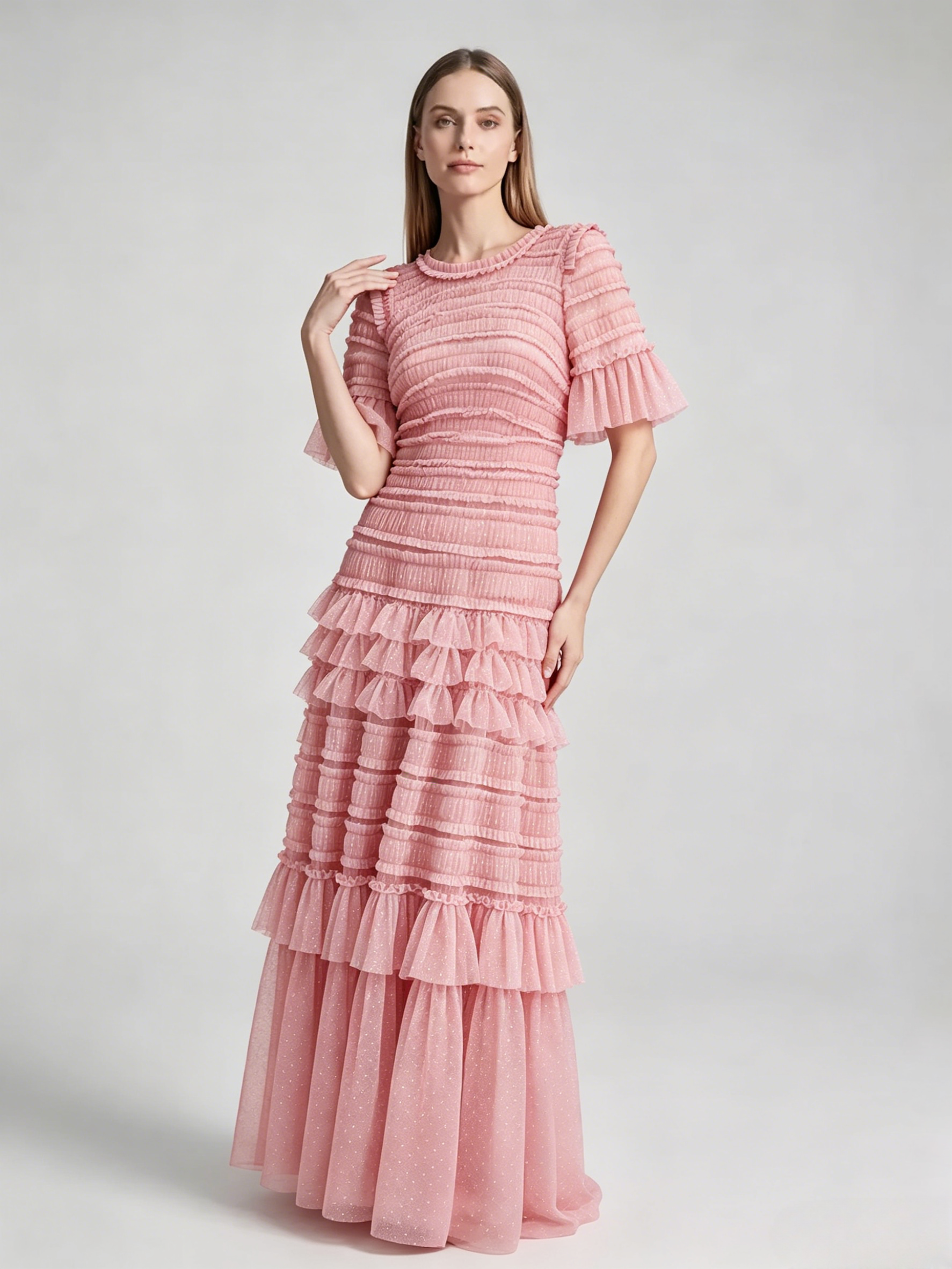Date Night Dresses Maxi Layered Pleated Short Sleeves Jewel Neck Elegant Pink Dress
