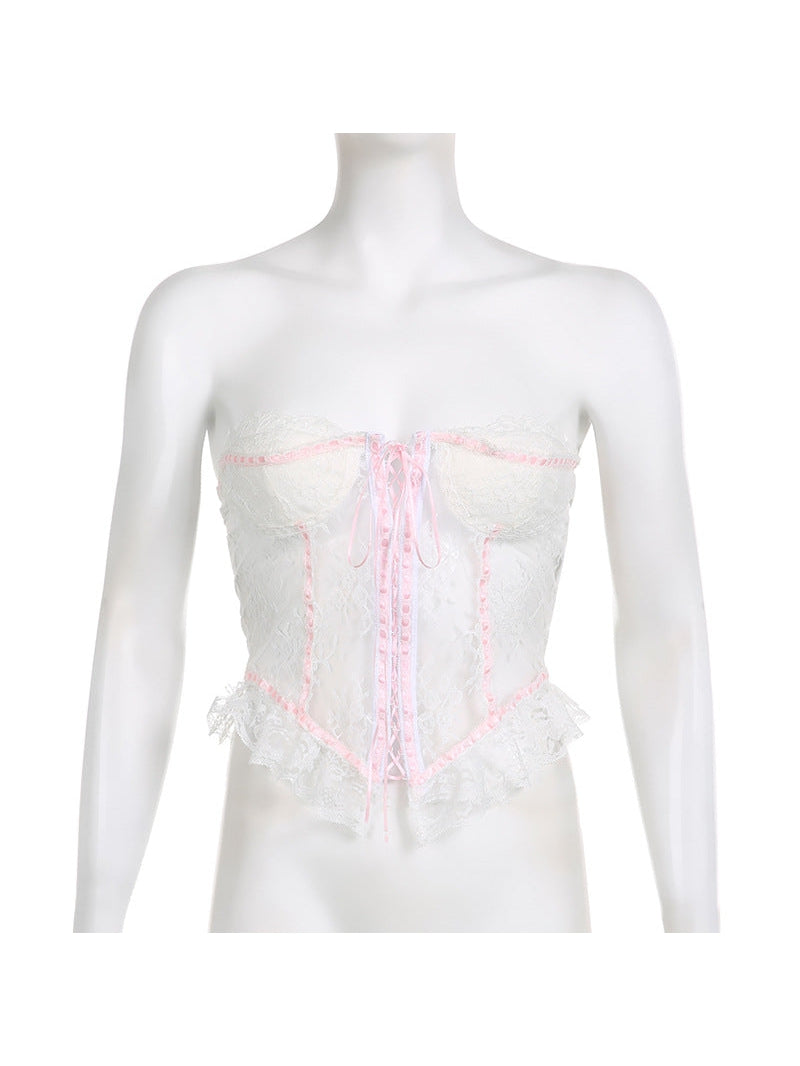 Lace Contrast Color Lace Up Tube Corset Top