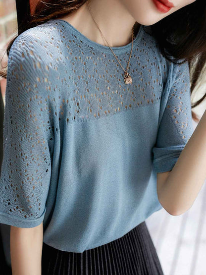 Grace Loose Crew Neck Hollowed Knitted Top