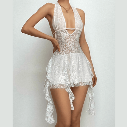 Deep V Halter Lace Up Sheer Ruffle Hem Mini Dress