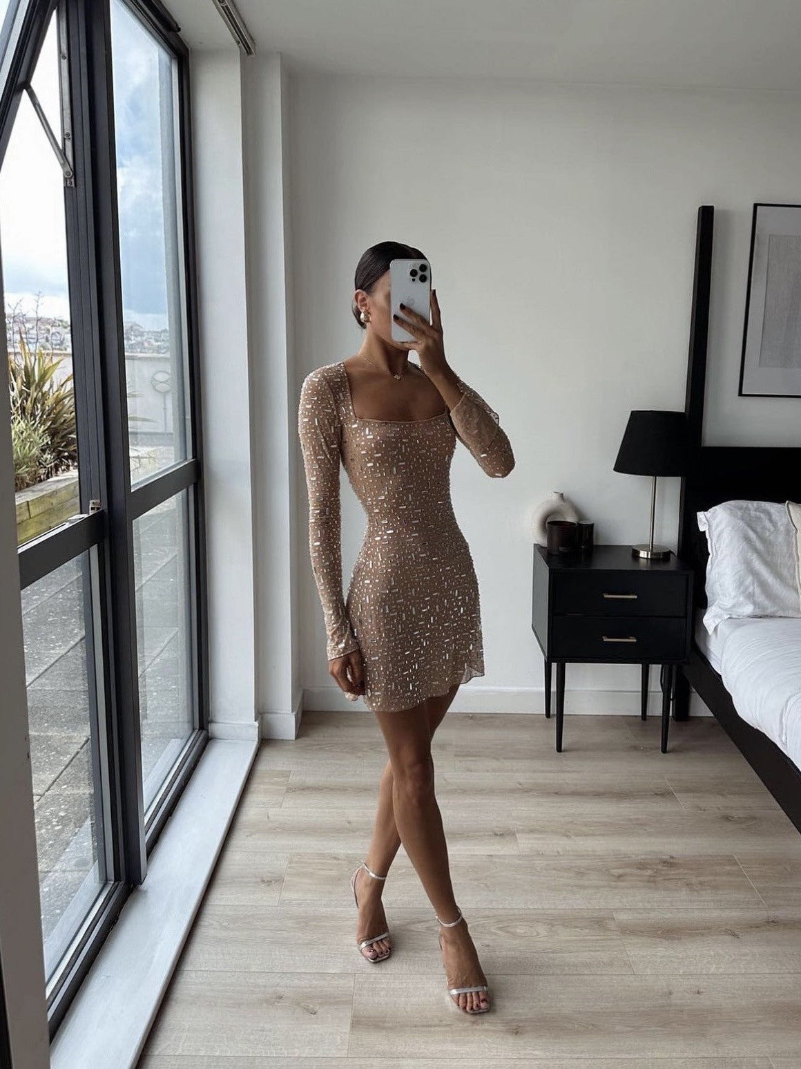 Sequins Rhinestone Semi See through Full Sleeve Short Dress