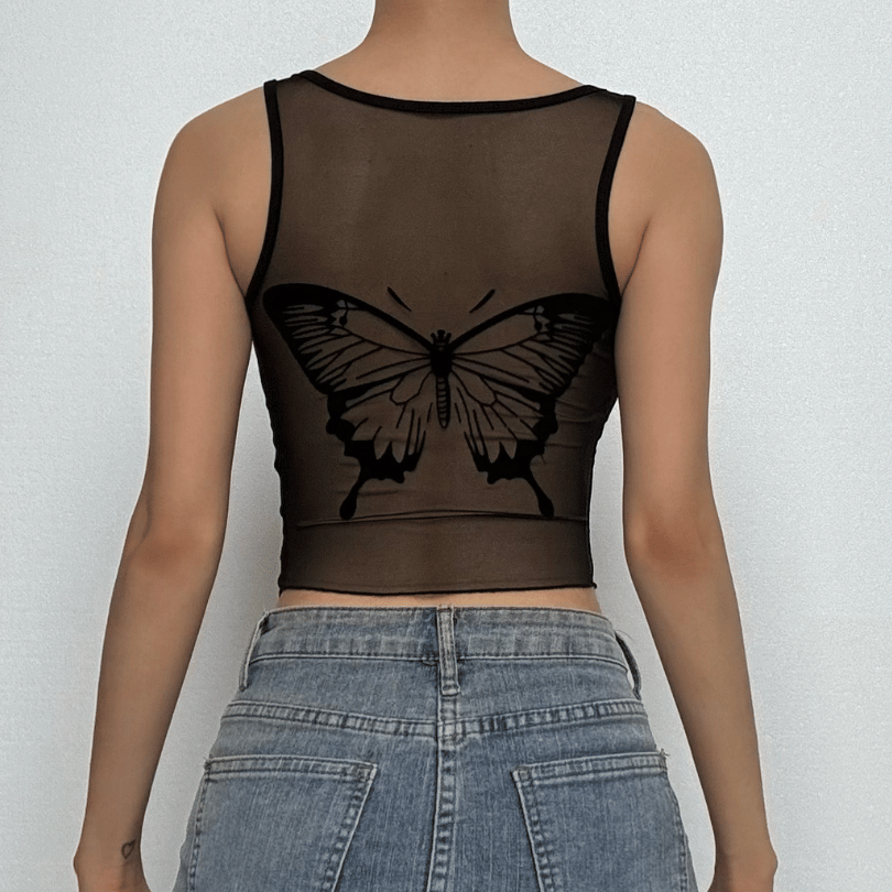 U neck irregular butterfly print mesh patchwork top