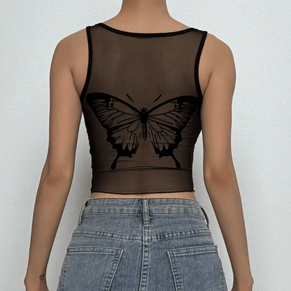 U neck irregular butterfly print mesh patchwork top