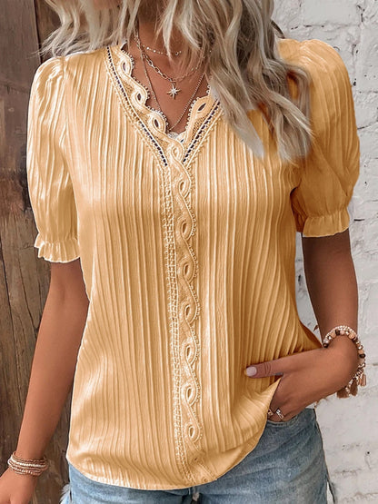 Openwork Lace Puff Sleeve V-neck Vertical Stripes T-shirts