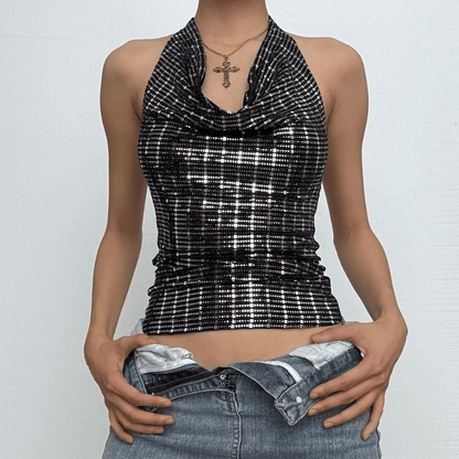Textured cowl neck halter backless crop top
