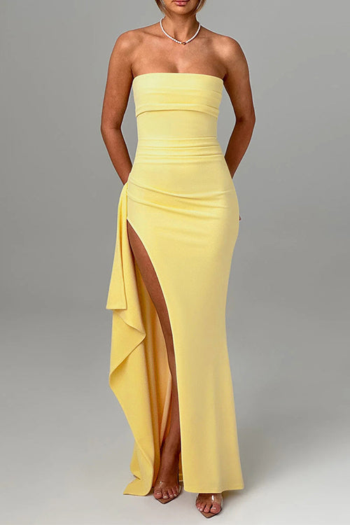 Meridress Strapless Tube Draped Slit Maxi Party Dress