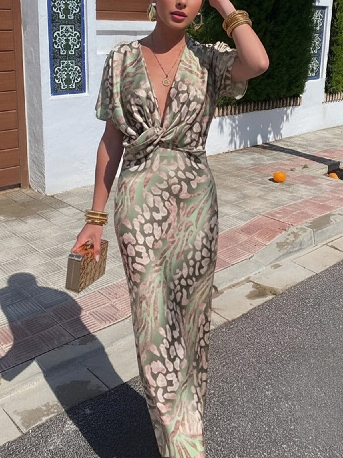Floral Print Knot V-neck Short Sleeve Maxi Dresses