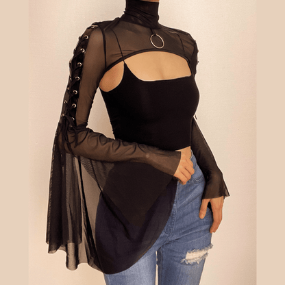 Flared sleeve o ring sheer mesh lace up shrug high neck top