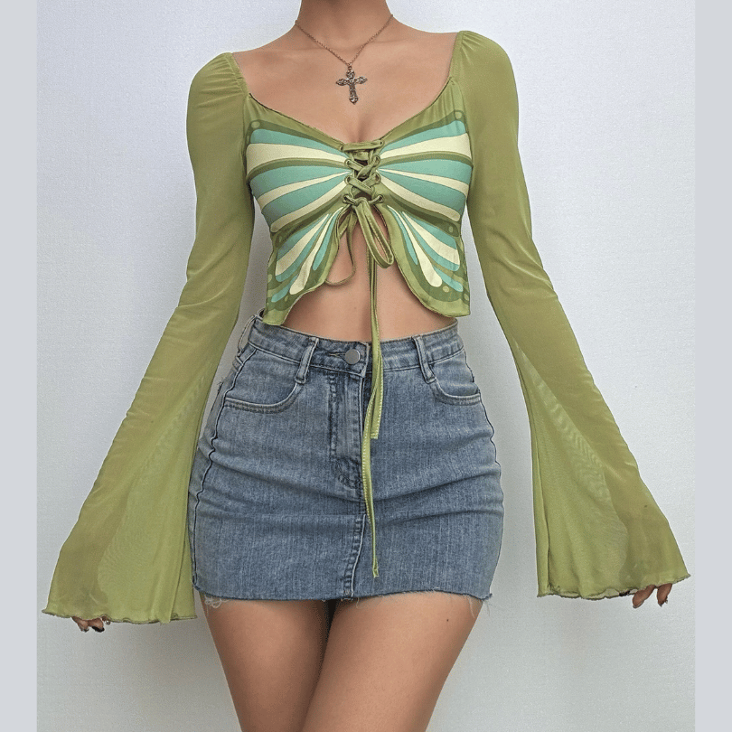 Long sleeve halter butterfly pattern drawstring crop top
