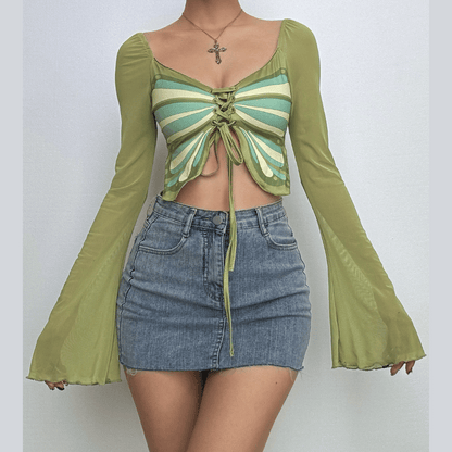 Long sleeve halter butterfly pattern drawstring crop top