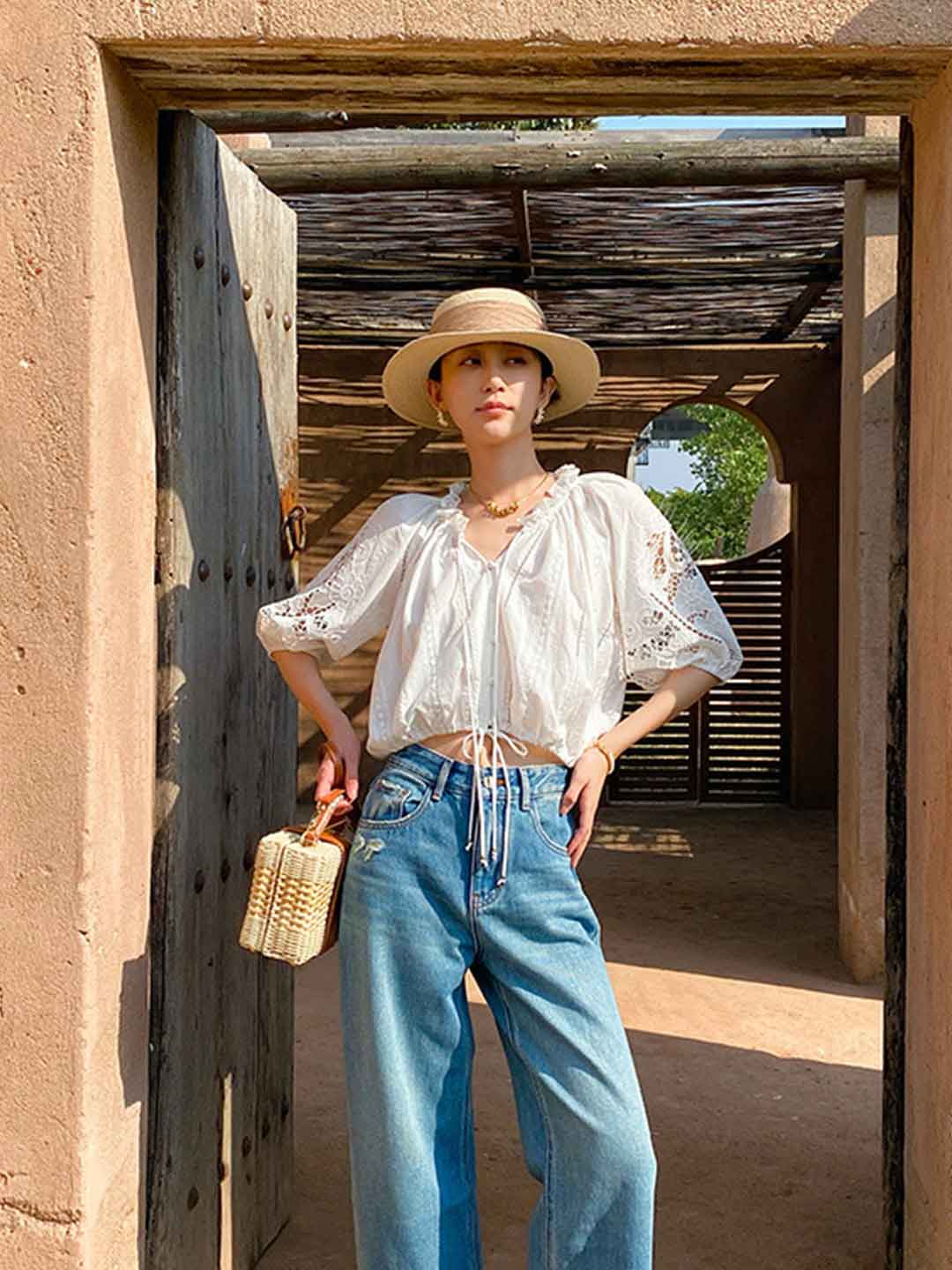 Bella Vacation Auricular Puff Sleeve Embroidered Top