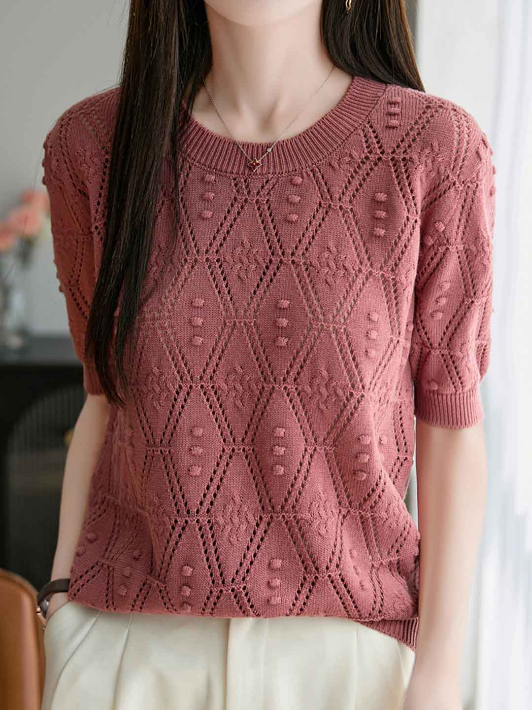 Genesis Loose Crew Neck Hollowed Knitted Top