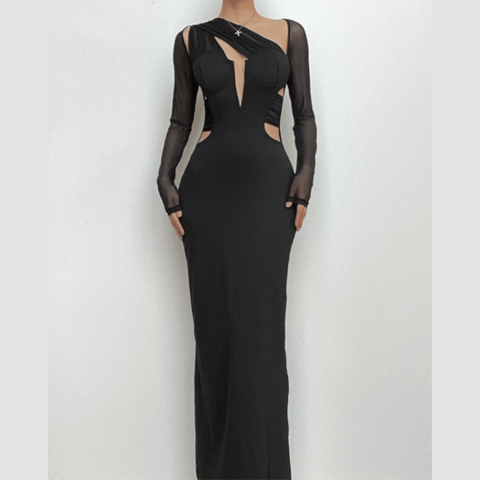 Long sleeve mesh irregular patchwork slit maxi dress-final-sale