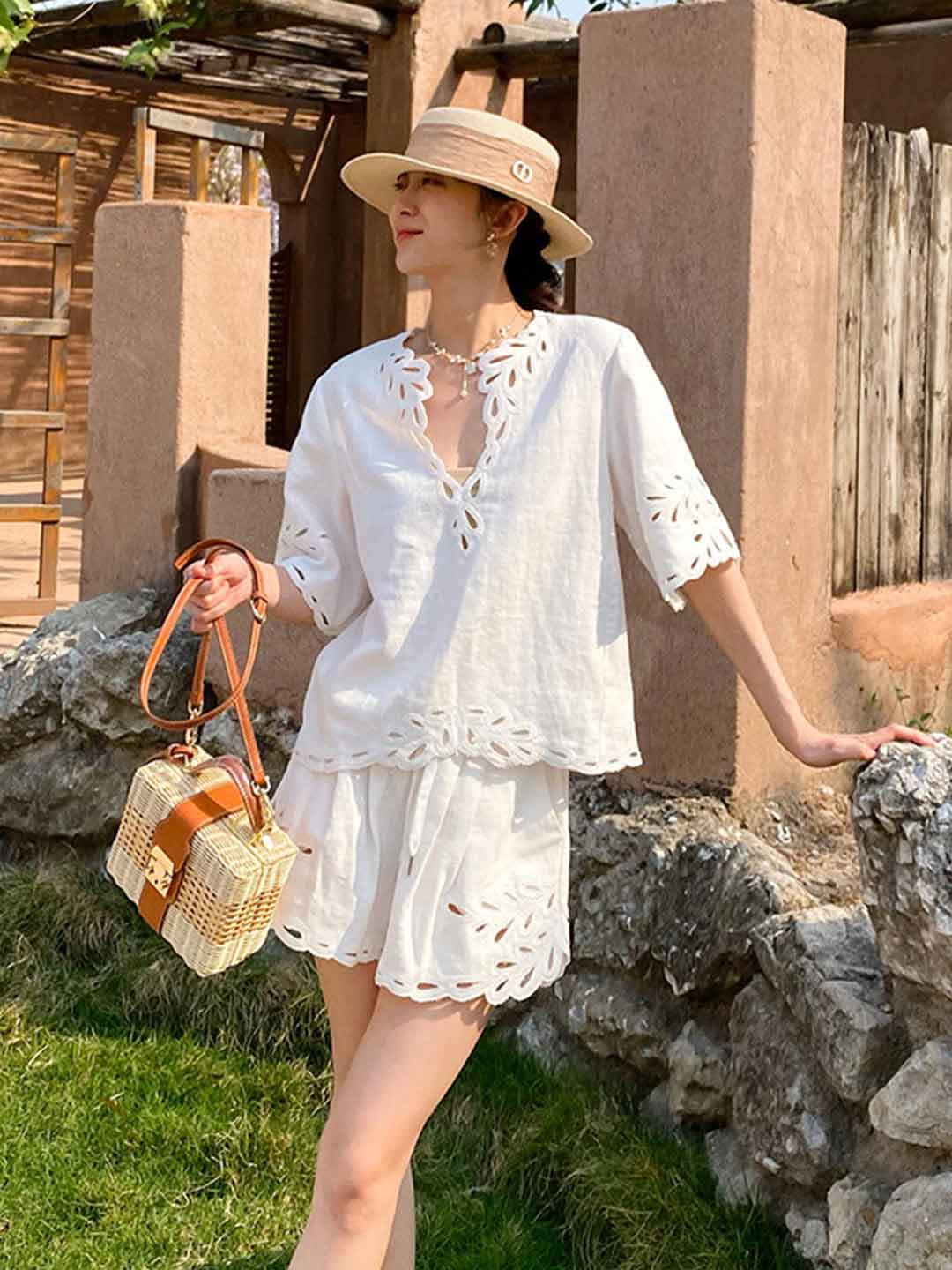 Amelia Vacation V-Neck Flare Sleeve Embroidered Top