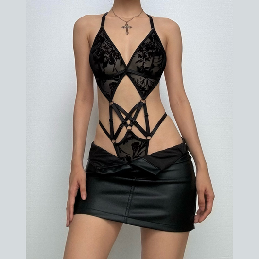 Print mesh v neck hollow out cami bodysuit