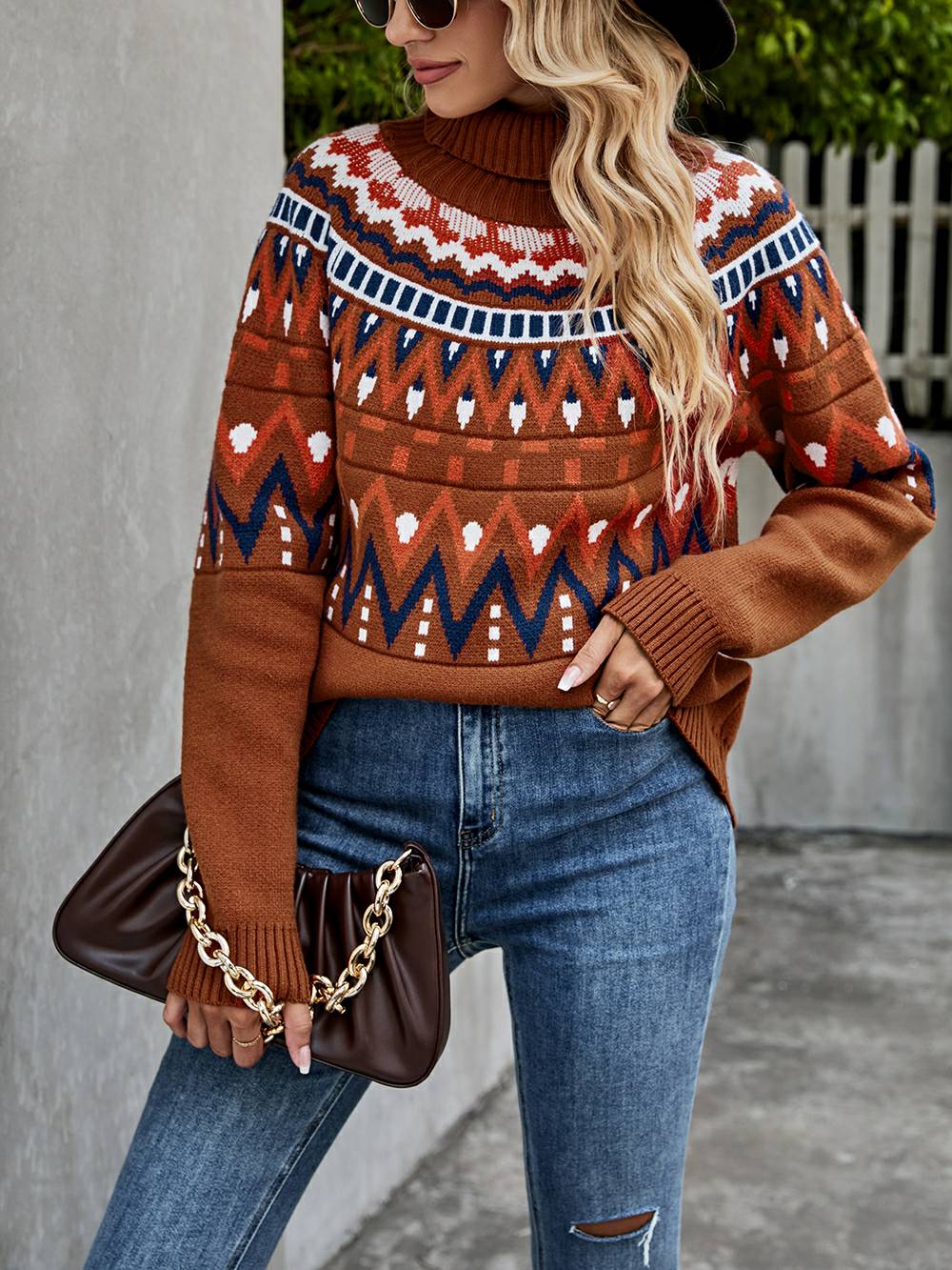 Vintage Striped Color Block Turtleneck Sweater