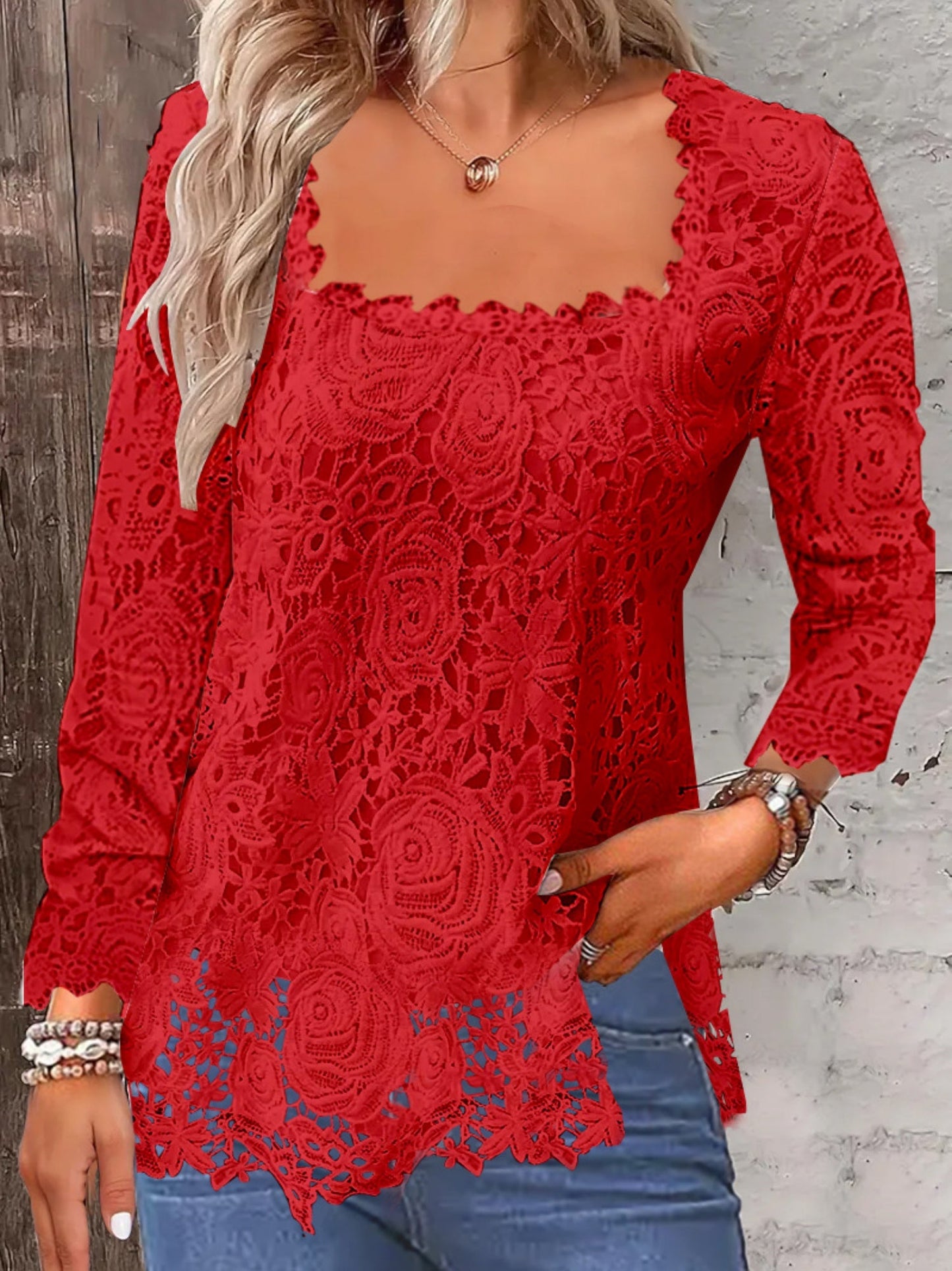 Lace Trim Square Collar Long-sleeved T-shirt