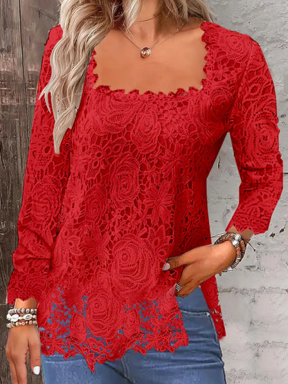 Lace Trim Square Collar Long-sleeved T-shirt