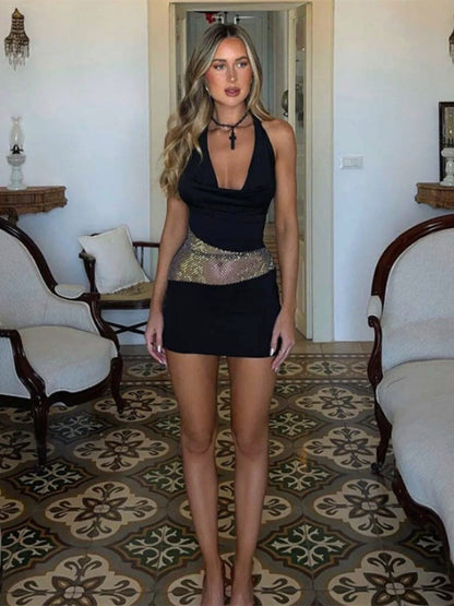 Backless Draped Collar Sparkling Mesh Splicing Halter Mini&Short Dresses