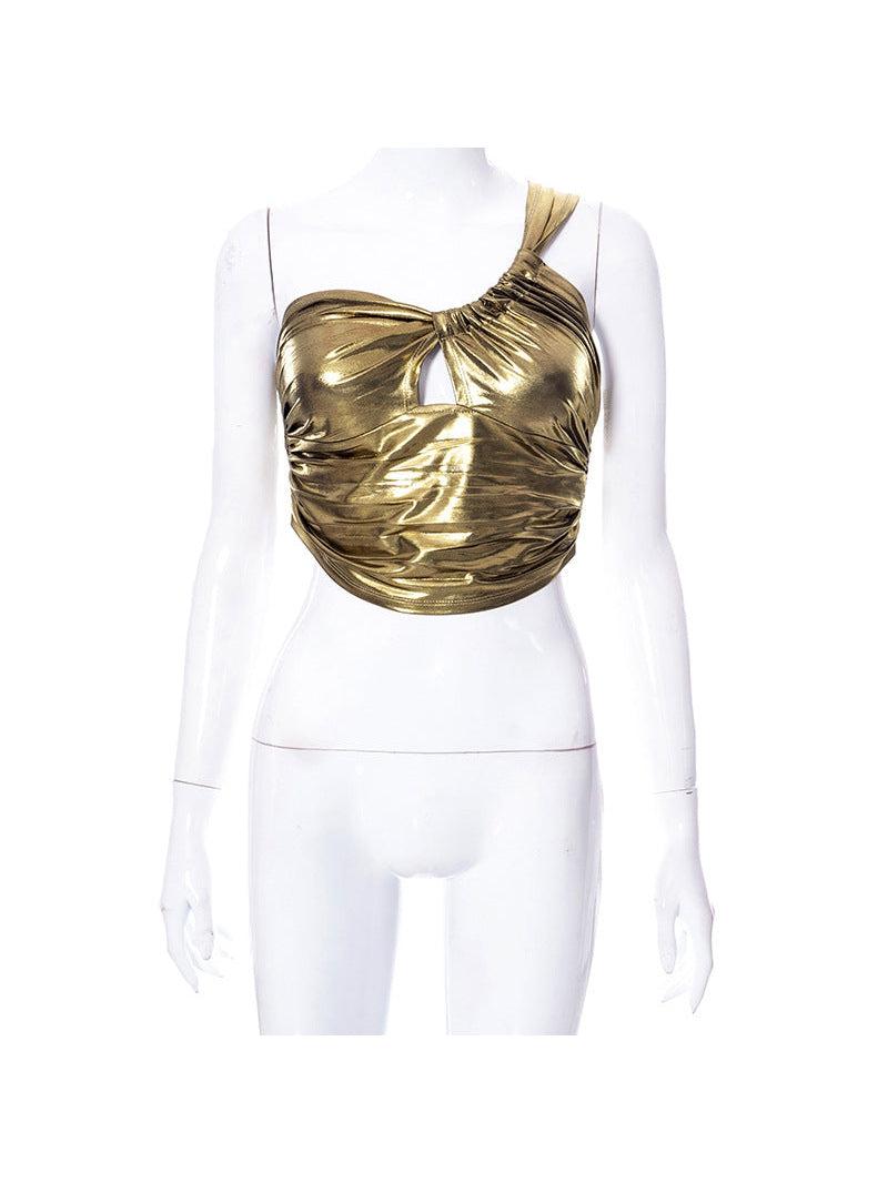 Metallic Golden One Shoulder Crop Top
