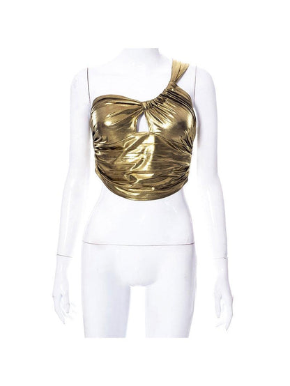 Metallic Golden One Shoulder Crop Top