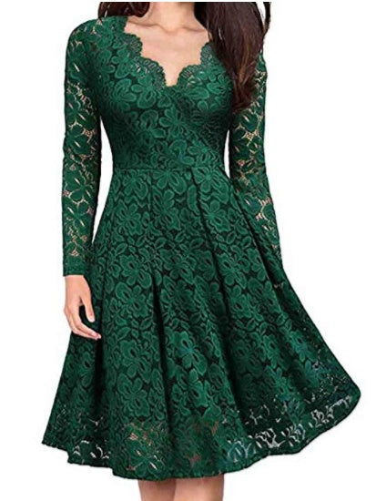 Long Sleeve Lace Solid Color Midi Dresses