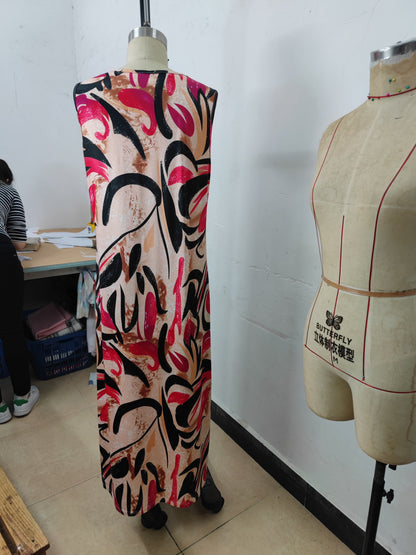 Bohemian Red Black Printing V Neck Maxi Dress