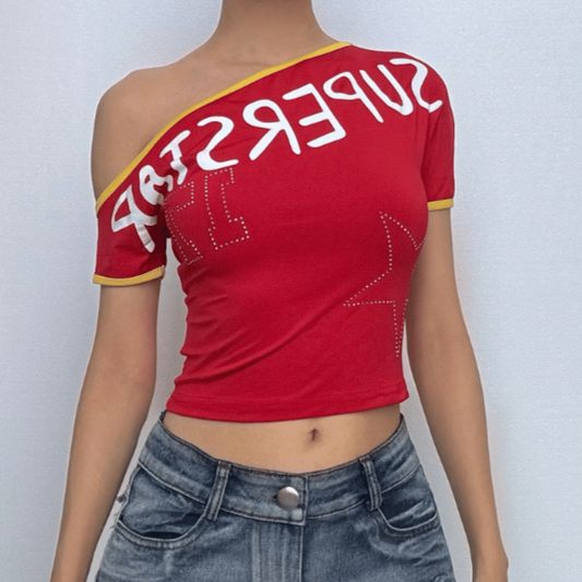 Short sleeve one shoulder “super star” print top