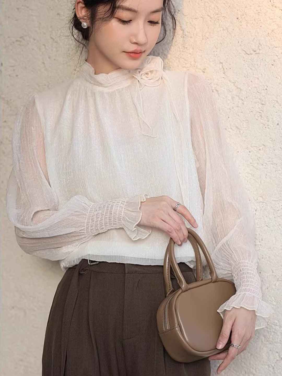 Ava Elegant Half Turtleneck Floral Chiffon Top