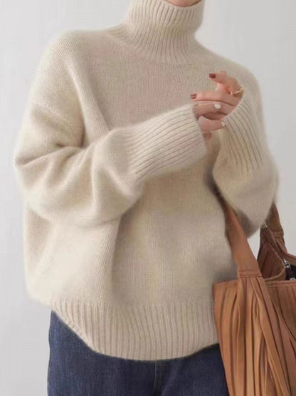 Mia Loose Turtleneck Solid Color Knitted Sweater-Gray