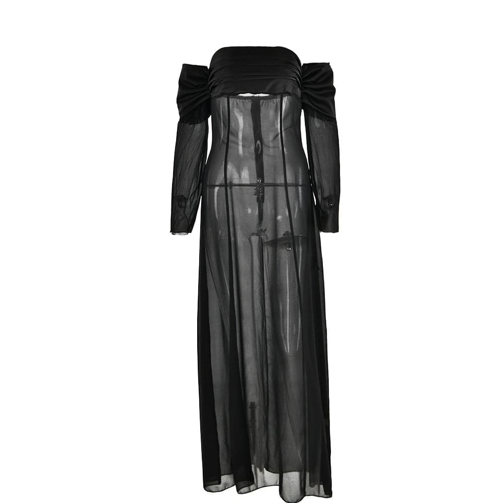 Long sleeve off shoulder ruched see through mesh maxi dress- Final Sale