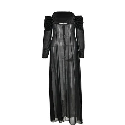 Long sleeve off shoulder ruched see through mesh maxi dress- Final Sale