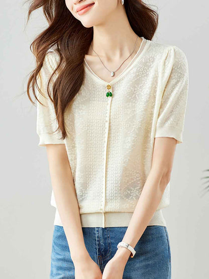 Gianna Casual V-Neck Puff Sleeve Embroidered Knitted Top