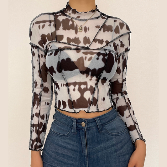 Sheer mesh see through print stitch ruffle open back top