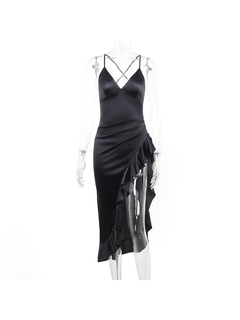 Deep V Plunge Neck Split Ruffled Dress