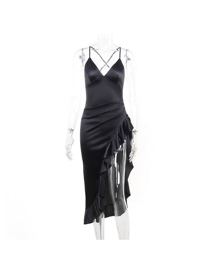 Deep V Plunge Neck Split Ruffled Dress