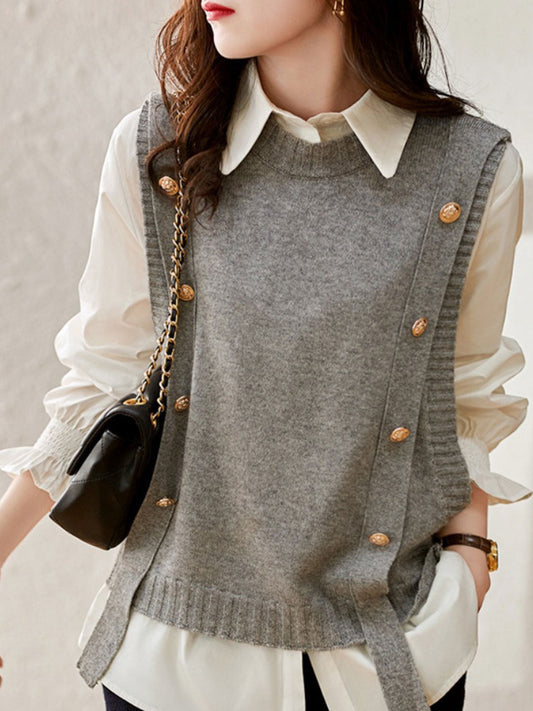 Abigail Loose Button Knitted Vest-Gray