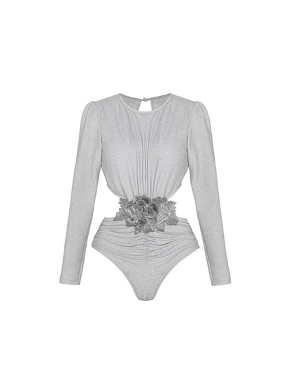 Halterneck Flower Applique Cutout Swimsuit & Skirt Coord Set