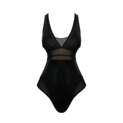 V neck mesh snake print mesh one piece swimwear