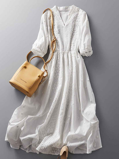 Kayla Classic V-Neck Solid Color Embroidered Dress