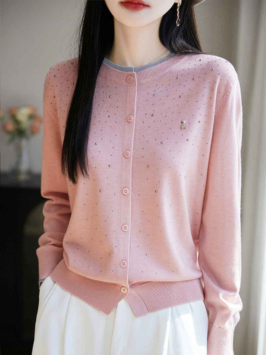 Anna Classic Crew Neck Rhinestone Knitted Cardigan
