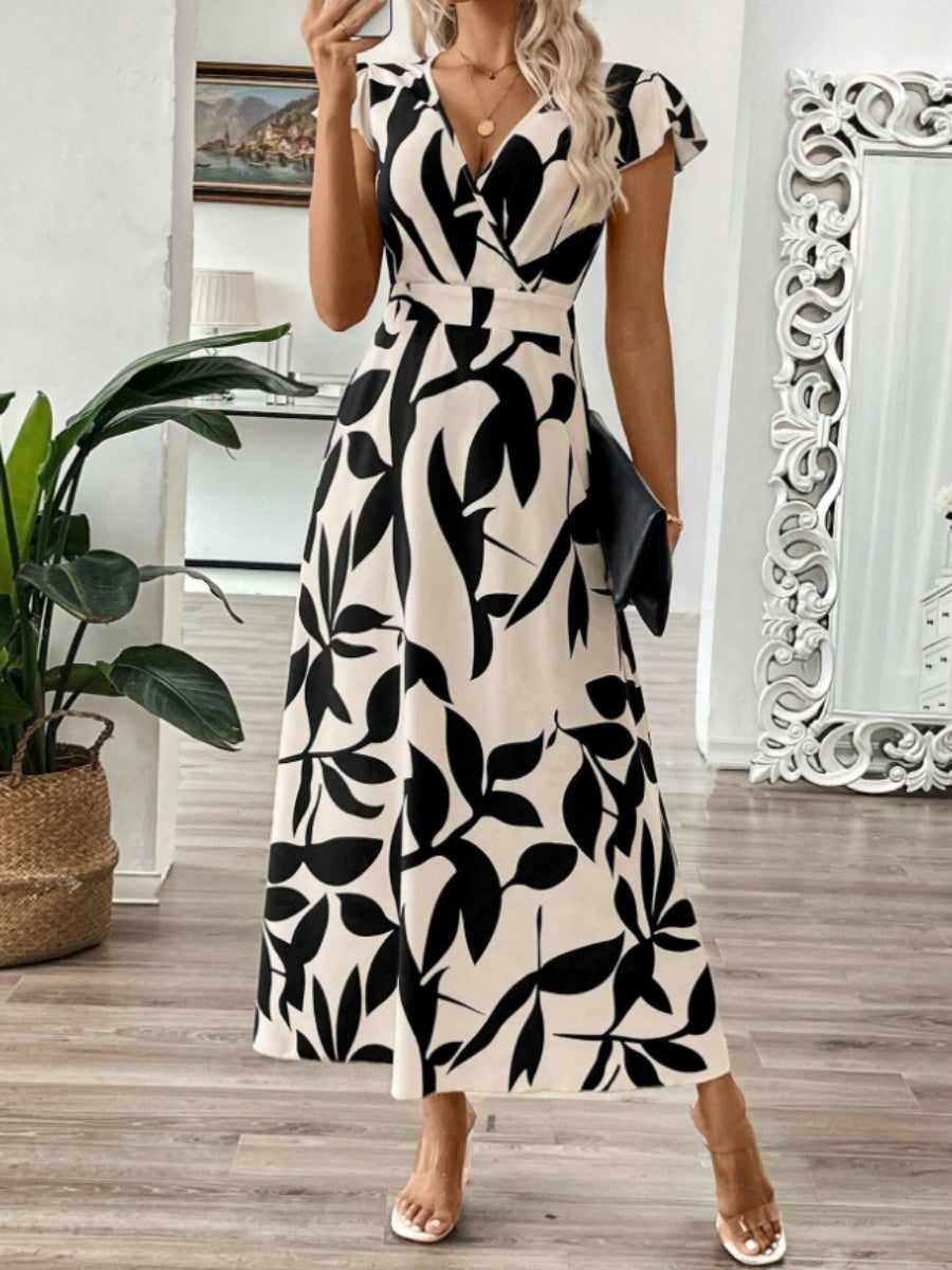 V-neck Ruffle Printed Vacation And Leisure Maxi Dresses