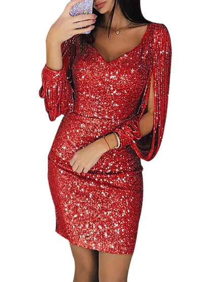 V-neck Tassel Bodycon Mini&Short Dresses